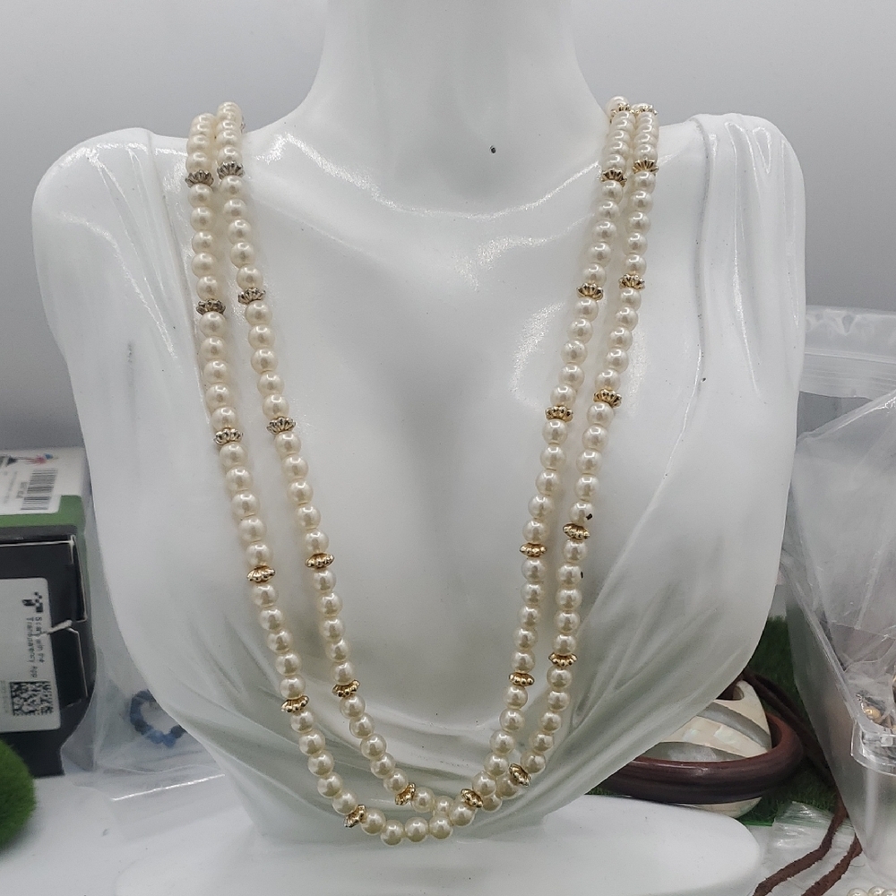 Delicate Faux Pearl Crystal Necklace Dainty Feminine N3705 28 Inches